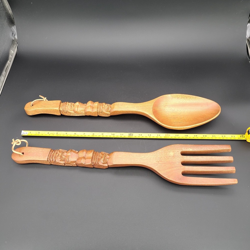 Vintage Tiki Large Hand Carved Wooden Spoon & Fork 22" Wall Decor Art - Picture 6 of 9